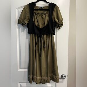 Olive Green Dress with Black Vest Overlay
